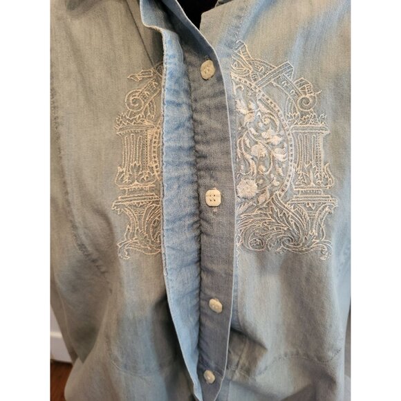 Vintage 80's Chambray Embroidered Blouse sz L T Cottagecore Western Equestrian - Picture 3 of 7